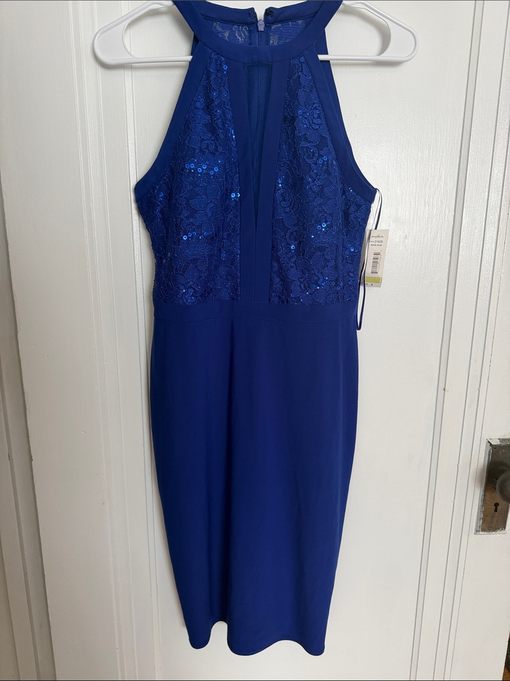 Halter Lace Sequin Midi Dress in Royal Blue
